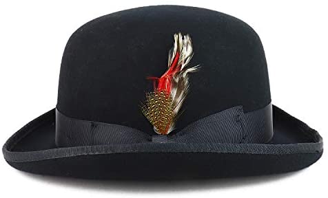 Trendy Apparel Shop Feather Grosgrain Bow Hatband Wool Felt Derby Bowler Hat