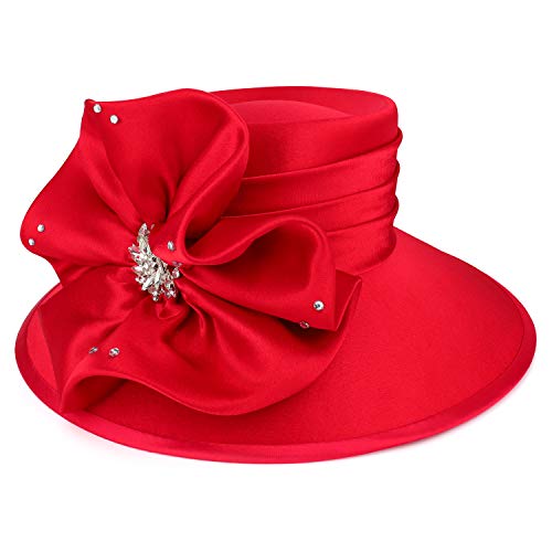 Trendy Apparel Shop Stones Flower Decorative Telescope Crown Satin Dress Hat