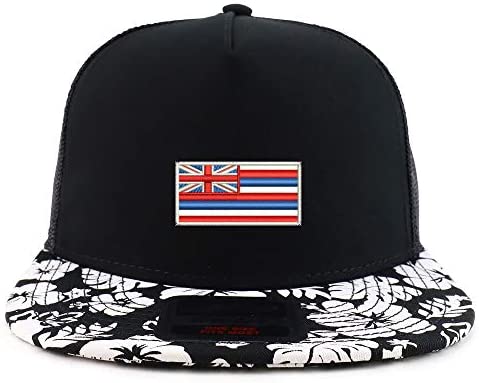 Trendy Apparel Shop Hawaii Flag Embroidered Floral Bill Mesh Snapback Cap - Black
