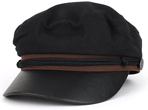 Trendy Apparel Shop Greek Sailor Fisherman Canvas Baker Boy Fiddler Cap with Rope - Black