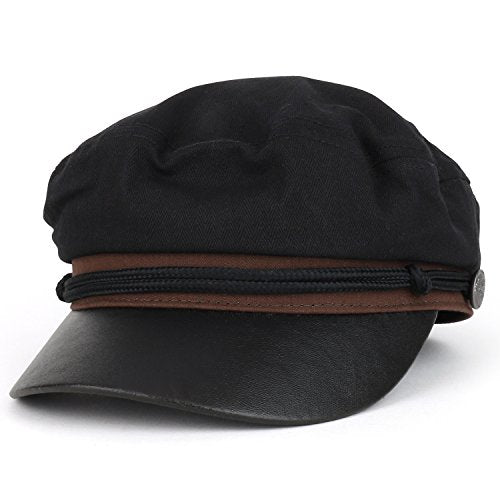 Trendy Apparel Shop Greek Sailor Fisherman Canvas Baker Boy Fiddler Cap with Rope - Black