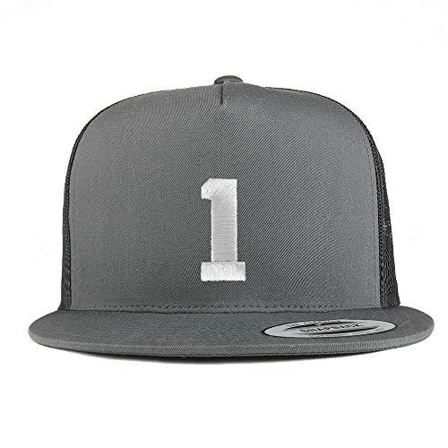 Trendy Apparel Shop Number 1 White Thread Embroidered Flat Bill 5 Panel Trucker Cap