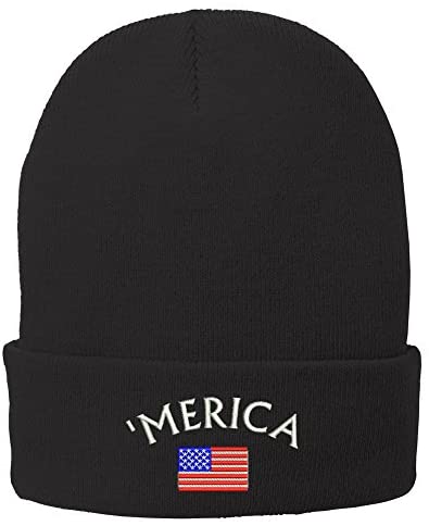 Trendy Apparel Shop Merica Small American Flag Embroidered Soft Stretchy Winter Long Beanie