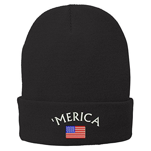 Trendy Apparel Shop Merica Small American Flag Embroidered Soft Stretchy Winter Long Beanie