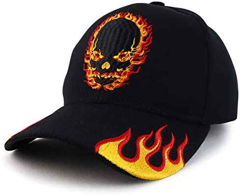 Trendy Apparel Shop Fire Skull Embroidered Flame Bill Structured Baseball Cap