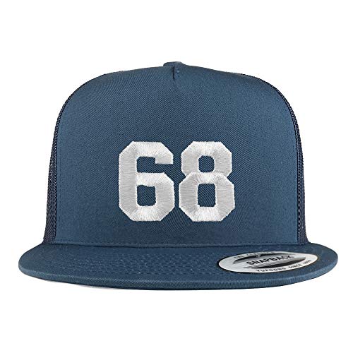 Trendy Apparel Shop Number 68 White Thread Embroidered Flat Bill 5 Panel Trucker Cap