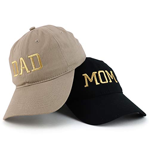 Trendy Apparel Shop Capital Gold Thread Mom and Dad Soft Cotton 2 Pc Cap Set