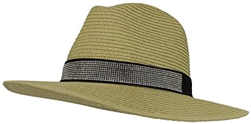 Trendy Apparel Shop Women's Paper Straw Panama Hat with Rhinestone Band