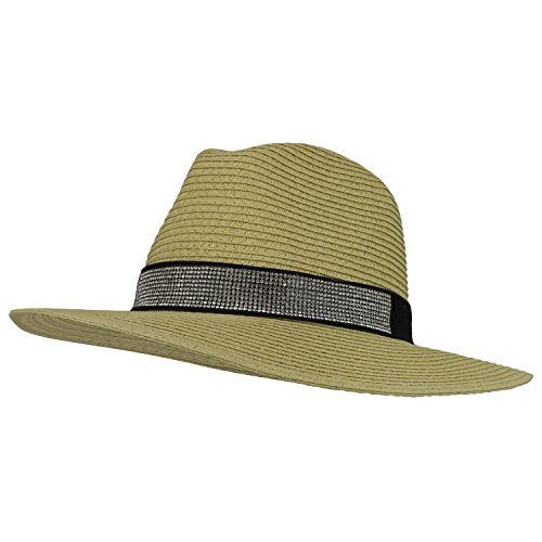 Trendy Apparel Shop Women's Paper Straw Panama Hat with Rhinestone Band