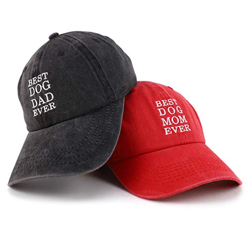 Trendy Apparel Shop Best Dog Mom and Dad Ever Pigment Dyed Couple 2 Pc Cap Set