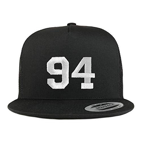 Trendy Apparel Shop Number 94 White Thread Embroidered Flat Bill 5 Panel Trucker Cap
