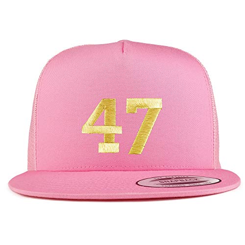 Trendy Apparel Shop Number 47 Gold Thread Embroidered Flat Bill 5 Panel Trucker Cap