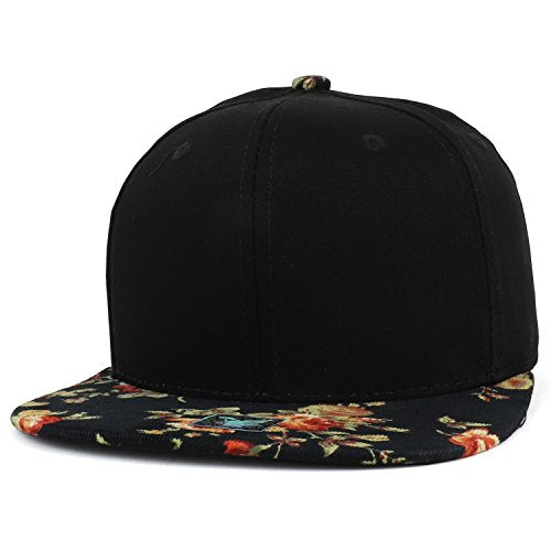 Trendy Apparel Shop Rose Floral Printed Velvet Flat Bill Cotton Snapback Cap - Black