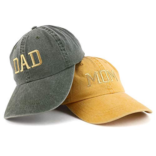 Trendy Apparel Shop Capital Gold Thread Mom and Dad Pigment Dyed 2 Pc Cap Set