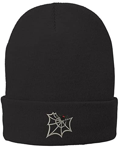 Trendy Apparel Shop Black Widow Spider Web Embroidered Winter Knit Long Beanie