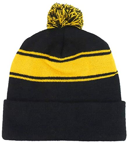 Trendy Apparel Shop Two Tone Pom Striped Winter Cuff Long Beanie Hat