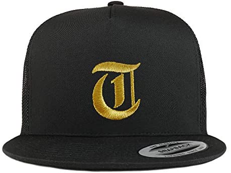 Trendy Apparel Shop Old English Gold T Embroidered 5 Panel Flatbill Trucker Mesh Cap