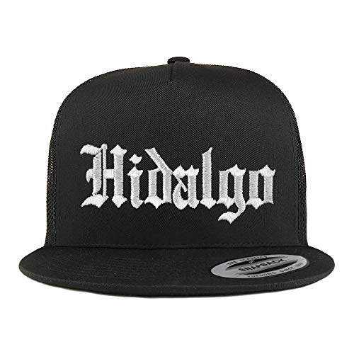 Trendy Apparel Shop Old English Hidalgo White Embroidered 5 Panel Flatbill Trucker Mesh Cap