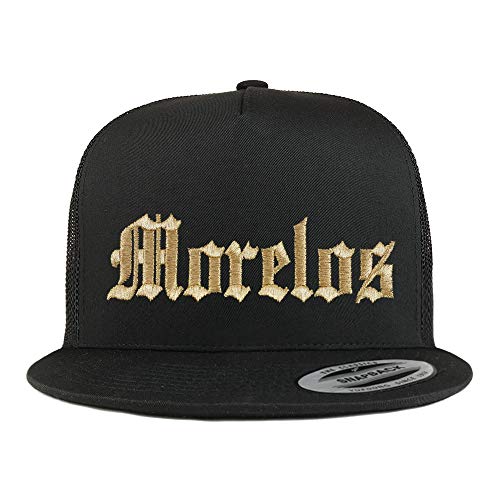 Trendy Apparel Shop Old English Morelos Gold Embroidered 5 Panel Flatbill Trucker Mesh Cap