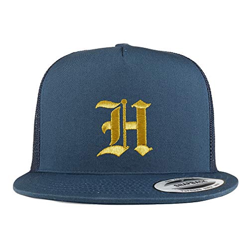 Trendy Apparel Shop Old English Gold H Embroidered 5 Panel Flatbill Trucker Mesh Cap