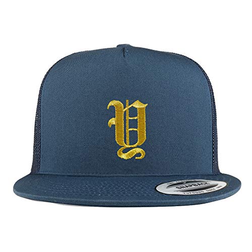 Trendy Apparel Shop Old English Gold Y Embroidered 5 Panel Flatbill Trucker Mesh Cap