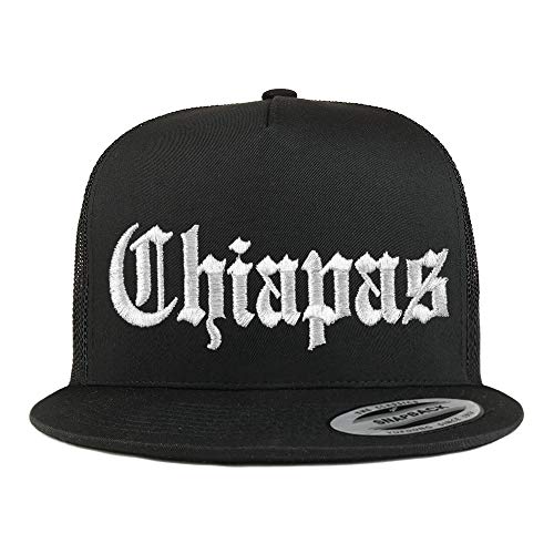 Trendy Apparel Shop Old English Chiapas White Embroidered 5 Panel Flatbill Trucker Mesh Cap