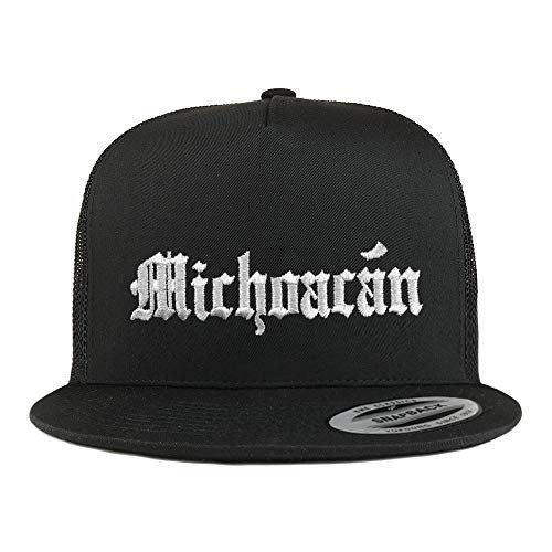Trendy Apparel Shop Old English Michoacan White Embroidered 5 Panel Flatbill Trucker Mesh Cap