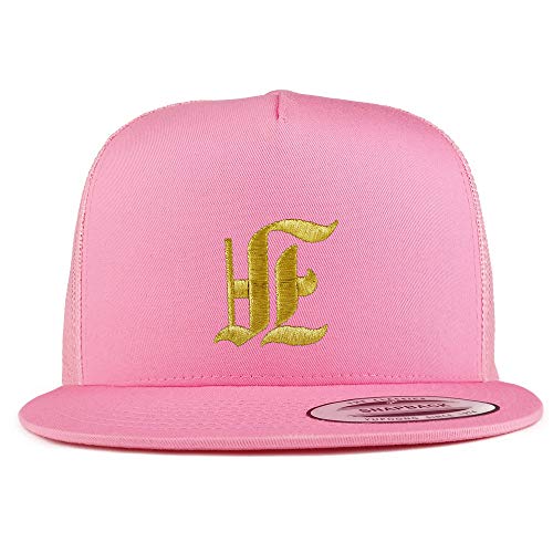 Trendy Apparel Shop Old English Gold F Embroidered 5 Panel Flatbill Trucker Mesh Cap