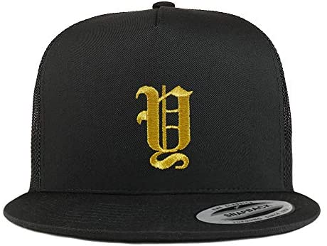 Trendy Apparel Shop Old English Gold Y Embroidered 5 Panel Flatbill Trucker Mesh Cap
