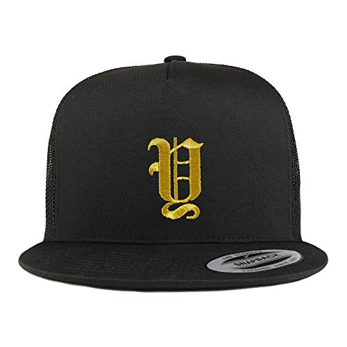 Trendy Apparel Shop Old English Gold Y Embroidered 5 Panel Flatbill Trucker Mesh Cap