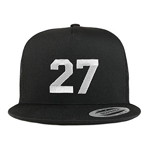 Trendy Apparel Shop Number 27 White Thread Embroidered Flat Bill 5 Panel Trucker Cap