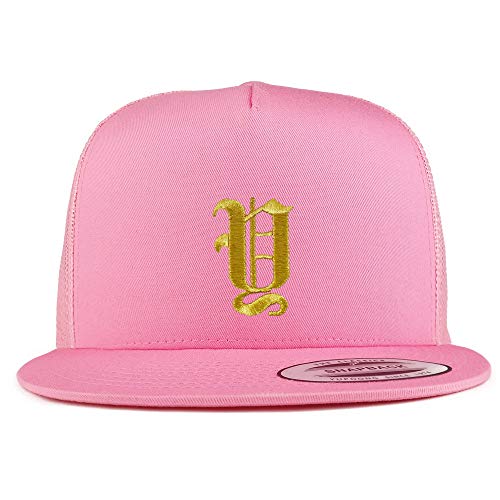 Trendy Apparel Shop Old English Gold Y Embroidered 5 Panel Flatbill Trucker Mesh Cap