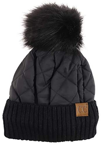 Trendy Apparel Shop Fur Pom Quilted Puffer Knit Cuff Beanie Hat