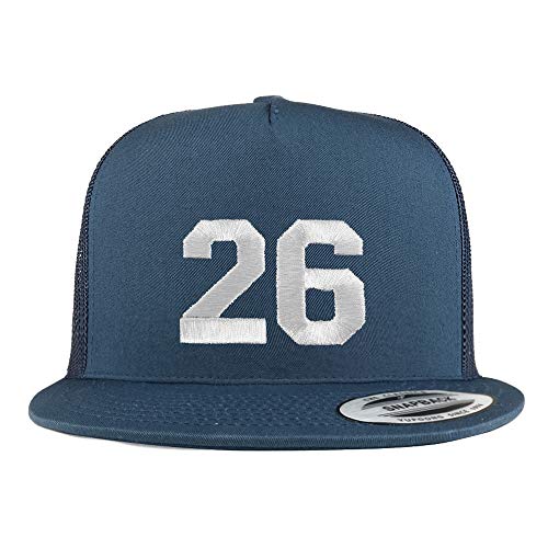 Trendy Apparel Shop Number 26 White Thread Embroidered Flat Bill 5 Panel Trucker Cap