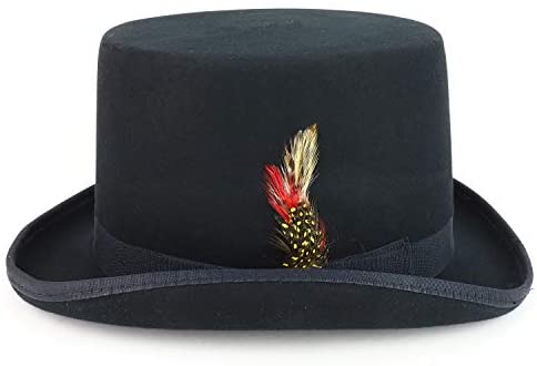 Trendy Apparel Shop 100% Wool Felt Feather Grosgrain Band Men's Top Hat