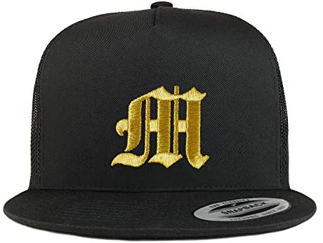 Trendy Apparel Shop Old English Gold M Embroidered 5 Panel Flatbill Trucker Mesh Cap