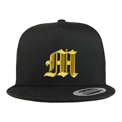 Trendy Apparel Shop Old English Gold M Embroidered 5 Panel Flatbill Trucker Mesh Cap