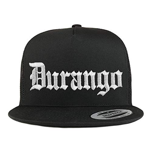 Trendy Apparel Shop Old English Durango White Embroidered 5 Panel Flatbill Trucker Mesh Cap