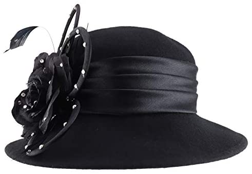 Trendy Apparel Shop Wool Dress Hat with Stones Loop Trim Feathers Satin Band