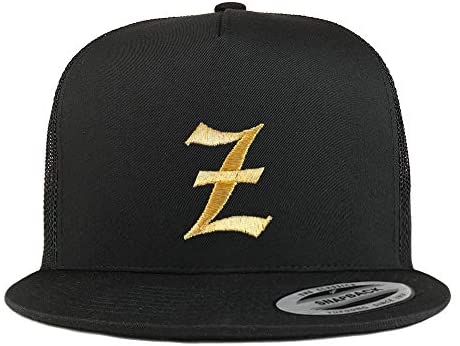 Trendy Apparel Shop Old English Gold Z Embroidered 5 Panel Flatbill Trucker Mesh Cap