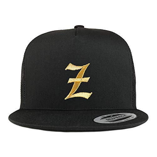Trendy Apparel Shop Old English Gold Z Embroidered 5 Panel Flatbill Trucker Mesh Cap