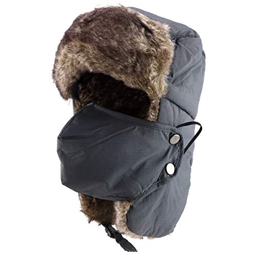 Trendy Apparel Shop Men's Faux Fur Lined Nylon Removable Mouth Guard Trapper Hat