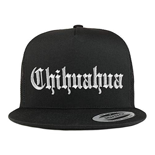 Trendy Apparel Shop Old English Chihuahua White Embroidered 5 Panel Flatbill Trucker Mesh Cap
