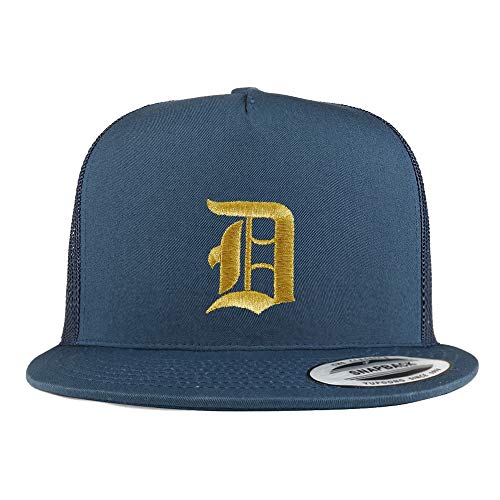 Trendy Apparel Shop Old English Gold D Embroidered 5 Panel Flatbill Trucker Mesh Cap