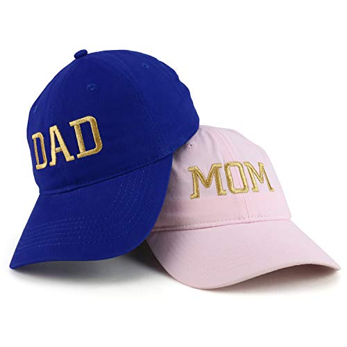 Trendy Apparel Shop Capital Gold Thread Mom and Dad Soft Cotton 2 Pc Cap Set