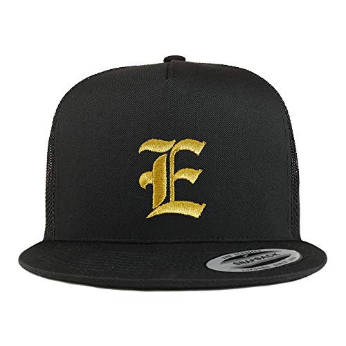 Trendy Apparel Shop Old English Gold E Embroidered 5 Panel Flatbill Trucker Mesh Cap