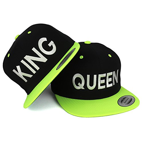 Trendy Apparel Shop King and Queen White Embroidered Flat Bill 2-Tone Ball Cap