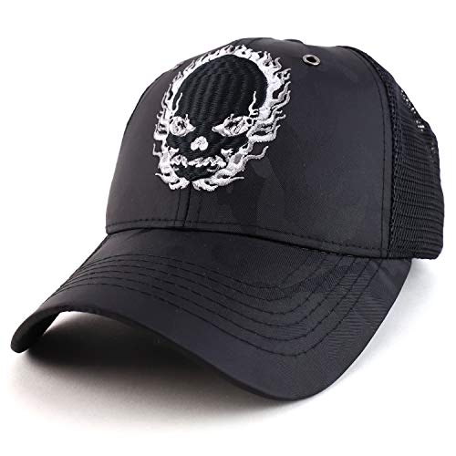 Trendy Apparel Shop Flame Skull Trucker Nyon Camo Trucker Mesh Baseball Cap
