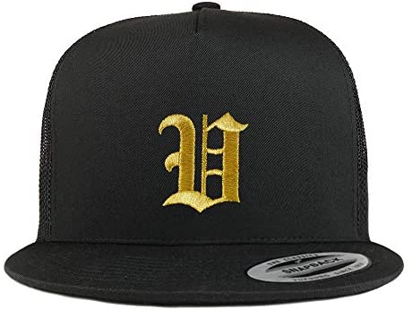 Trendy Apparel Shop Old English Gold V Embroidered 5 Panel Flatbill Trucker Mesh Cap