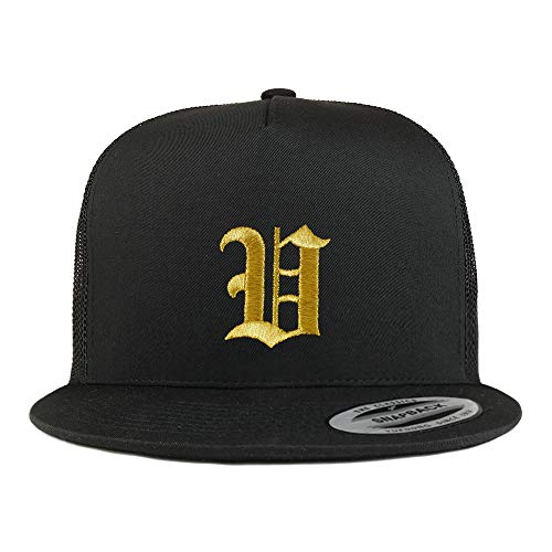 Trendy Apparel Shop Old English Gold V Embroidered 5 Panel Flatbill Trucker Mesh Cap